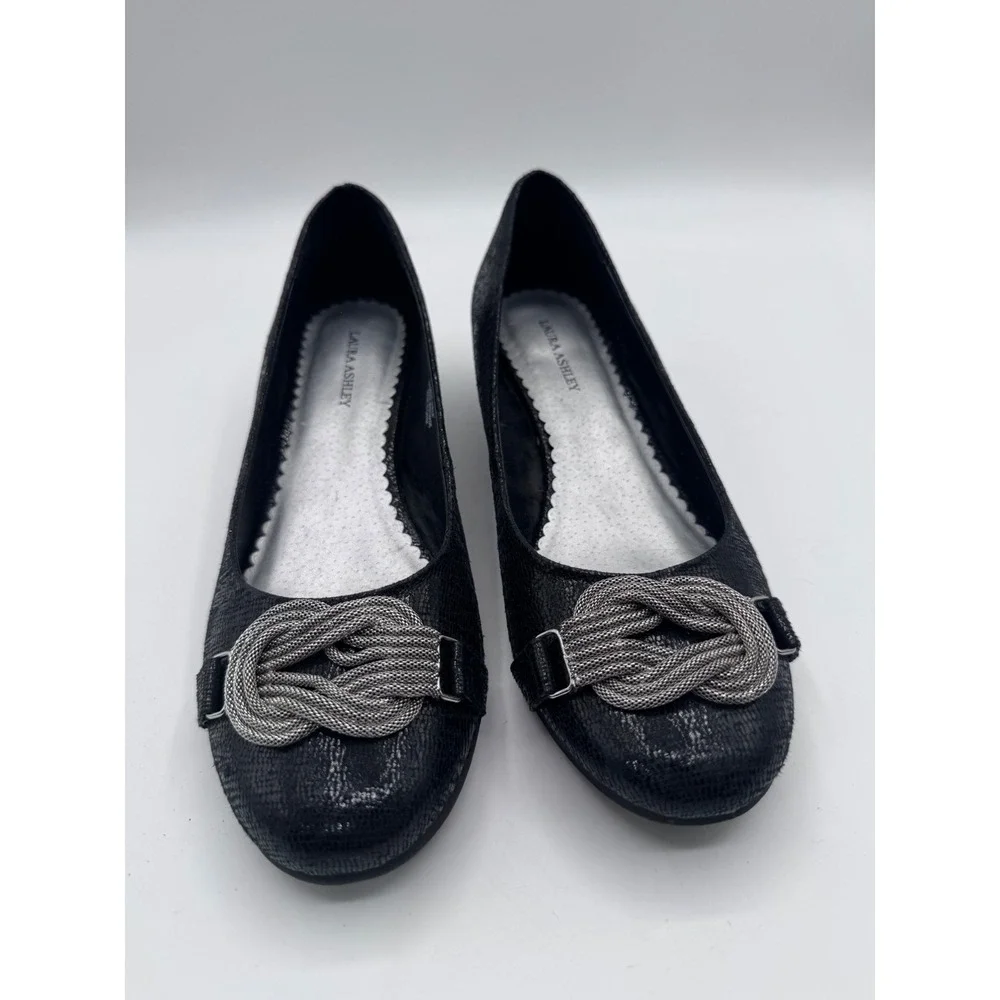 Laura Ashley 8M Black‎ Wedge Heels Women's Snake Print Knot Detail